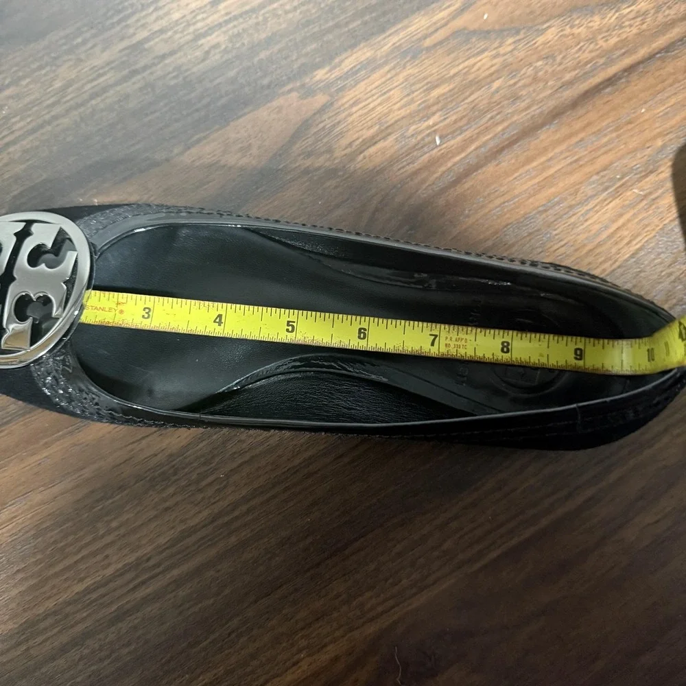 Tory Burch Logo Ballet Flat Shoes Black Suede Square Toe‎ Medallion Women's 7.5